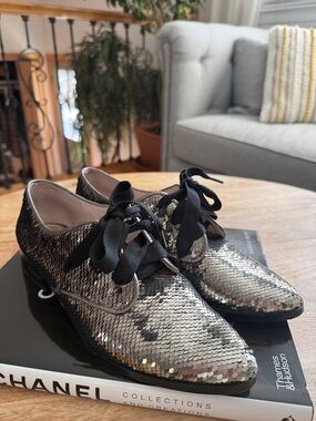 Louise et Cie Silver Sequin Lace-Up Oxfords